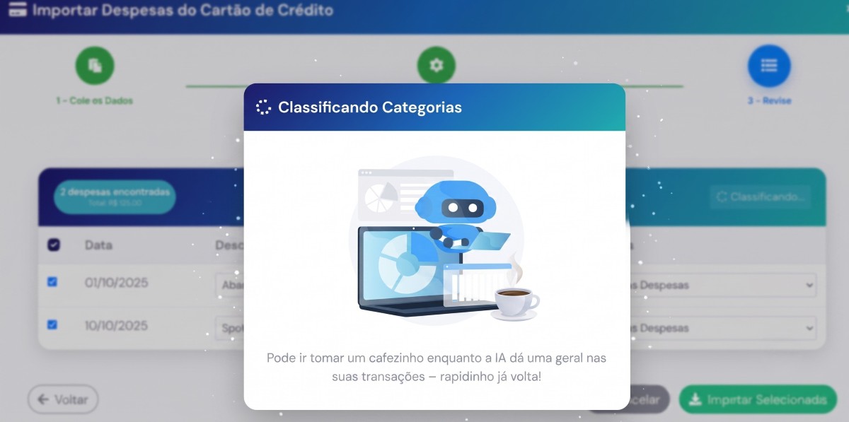 Tela real do Pró Assessor importando despesas do cartão de crédito: dados colados, IA classificando as categorias e revisão antes de importar